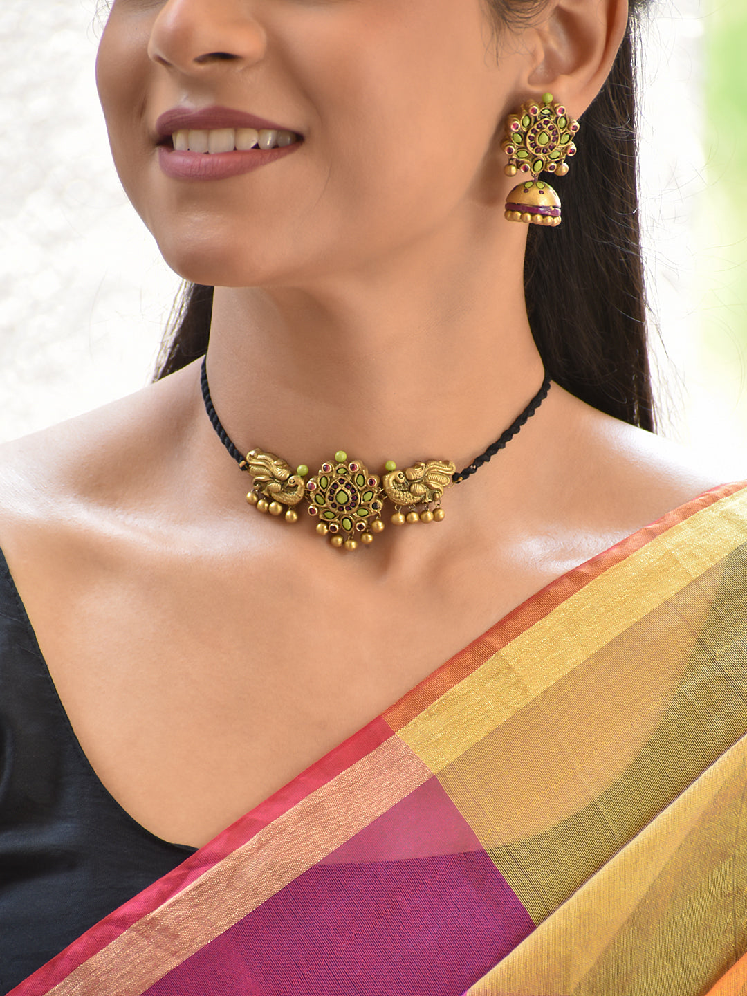 Terracotta Antique Peacock Motif Choker Set