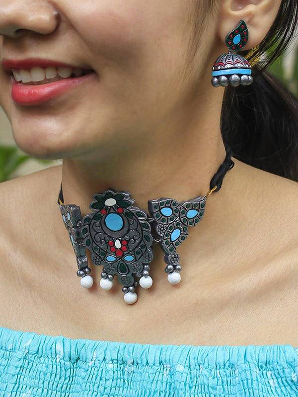 Silver White Pink Blue Folk Art Tribal Mango Design Handmade Terracotta Choker Necklace Set