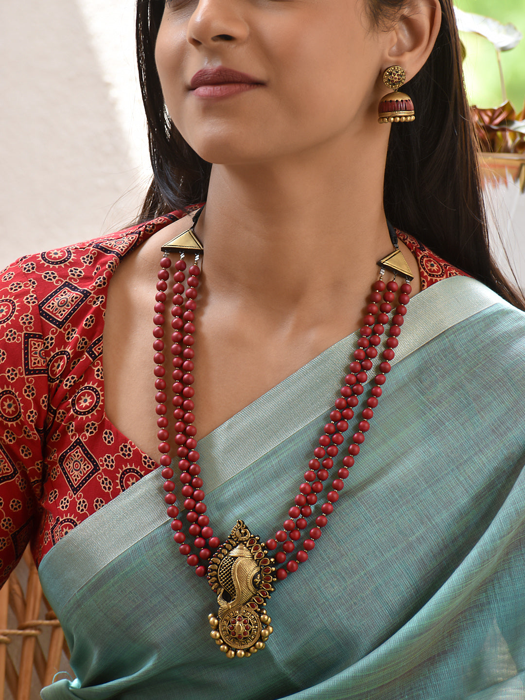 Terracotta Multi-Strand Bead Necklace with Ethnic Pendant