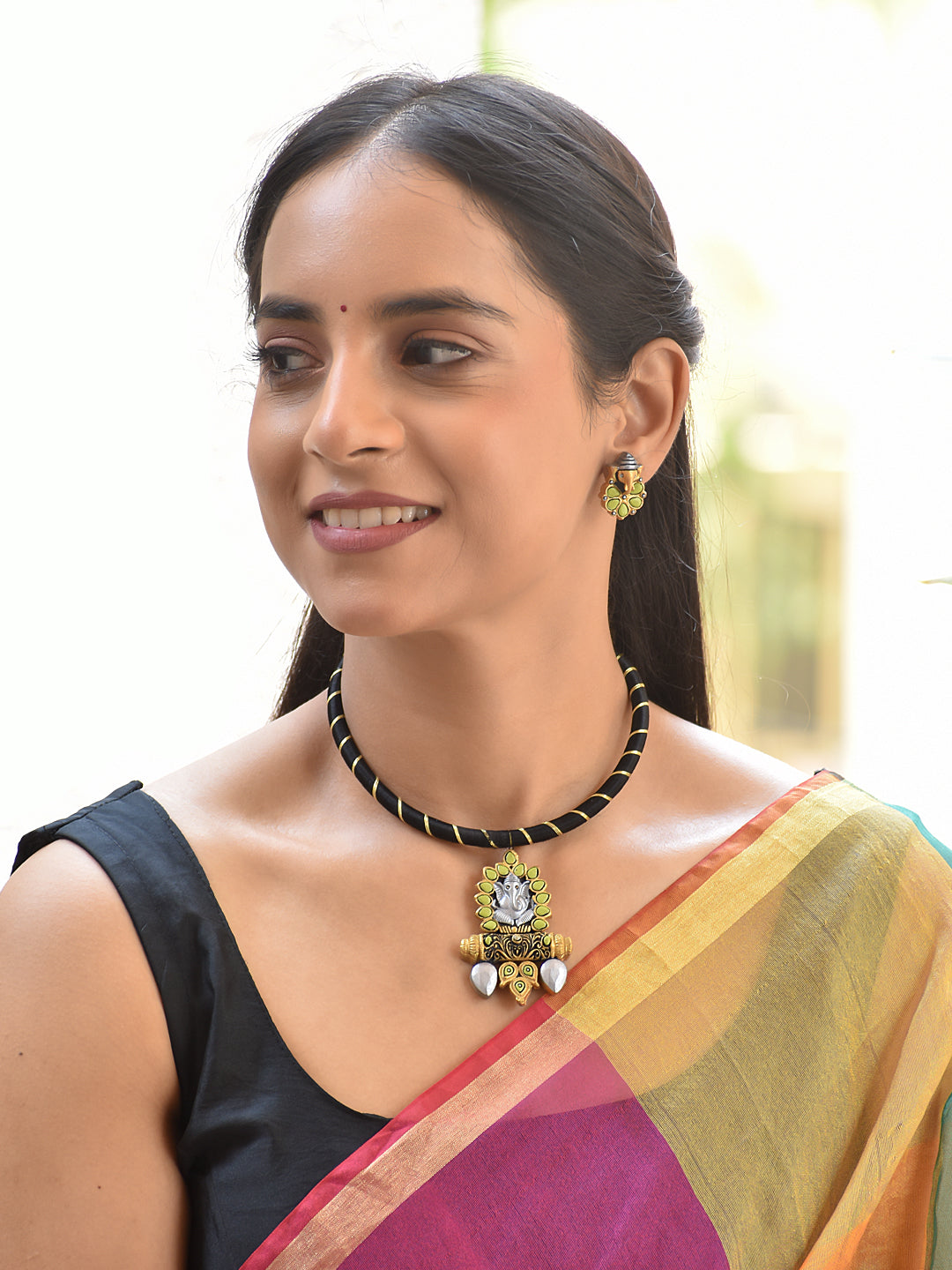 Terracotta Ganesha Motif Pendant Choker Set