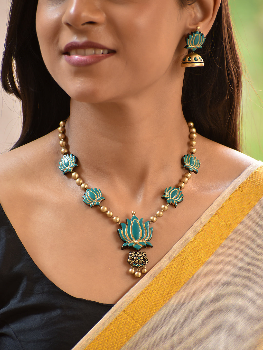 Terracotta Lotus Motif Necklace with Beaded Chain