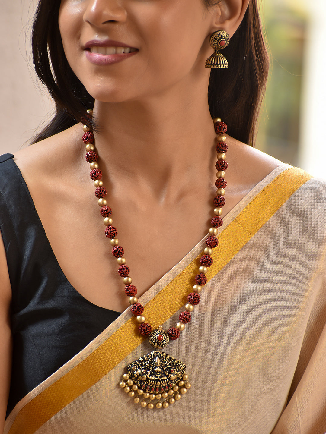 Terracotta Rudraksha Red Bead Necklace with Antique Drop Pendant