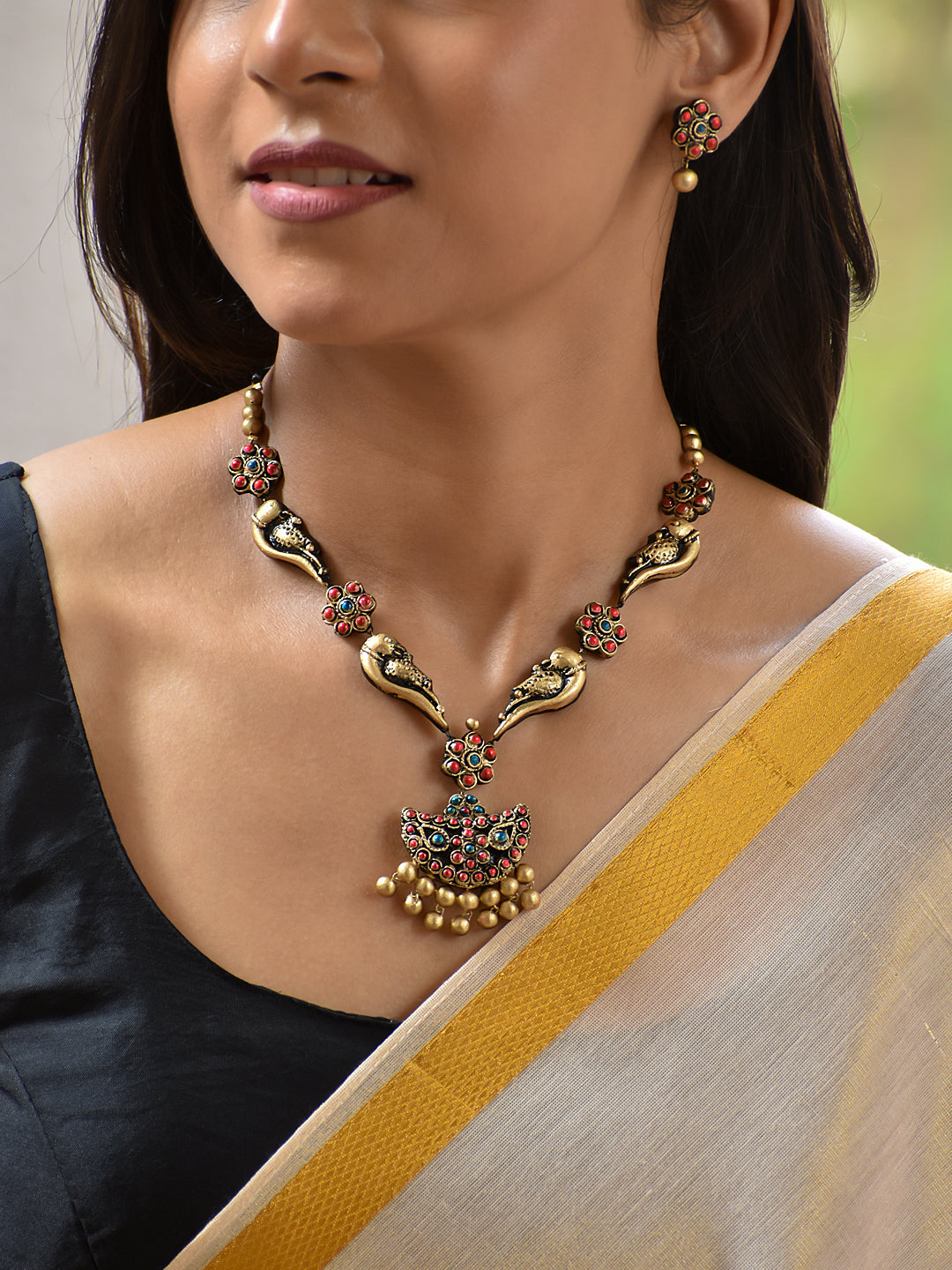 Terracotta Floral Bird Motif Necklace with Statement Pendant