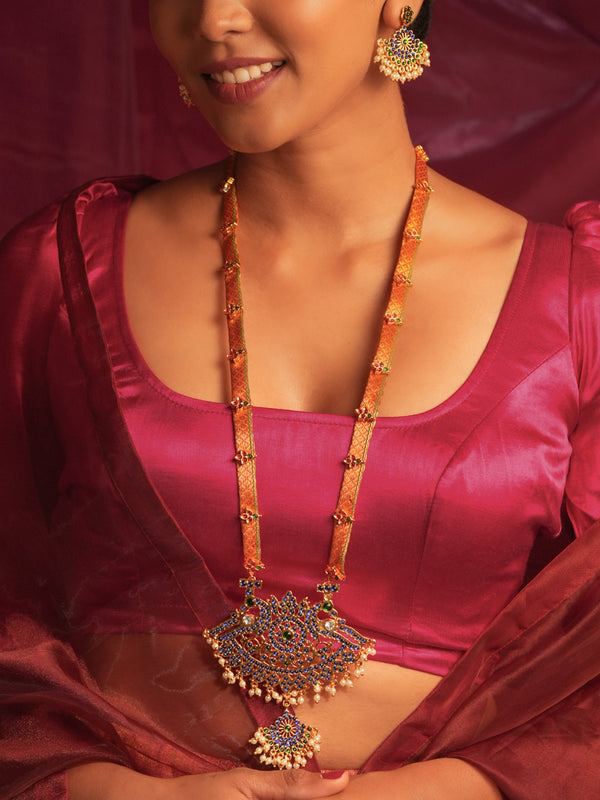 Gold Tone Temple Necklace Set- Orange Zari haaram