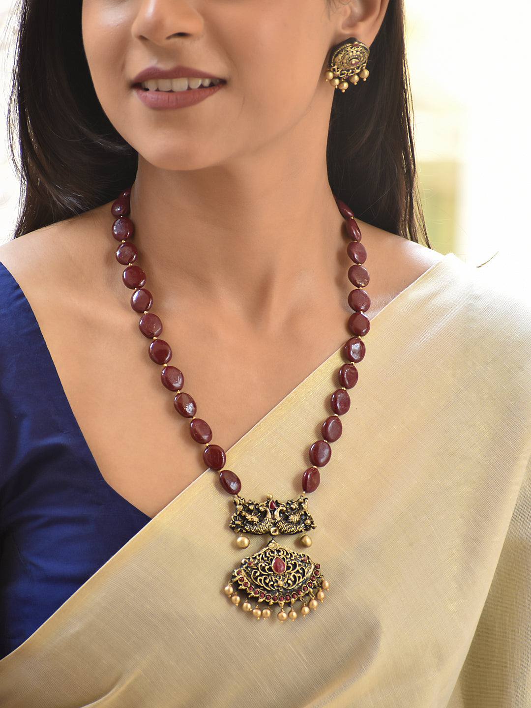 Terracotta Oval Bead Necklace with Temple Pendant