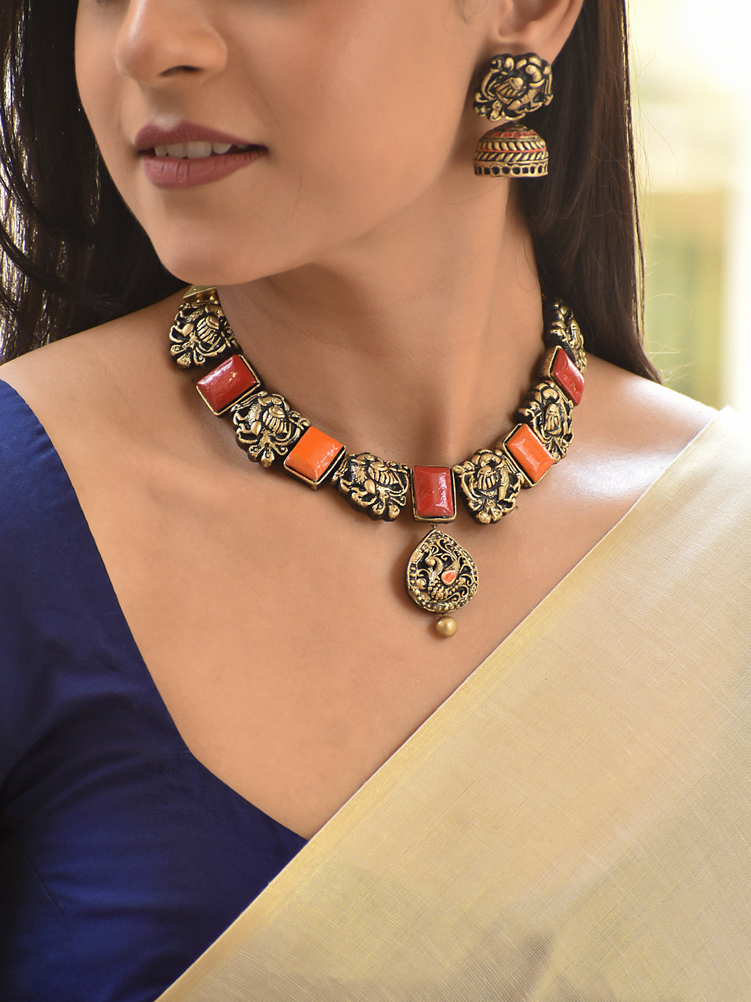 Terracotta Floral Panel Necklace with Square Stone Accents