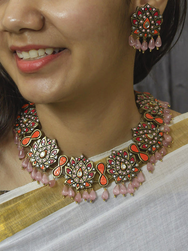 Lotus Flower Design Pink Orange White Antique Bronze Kundan Stone Handmade Terracotta Necklace Set