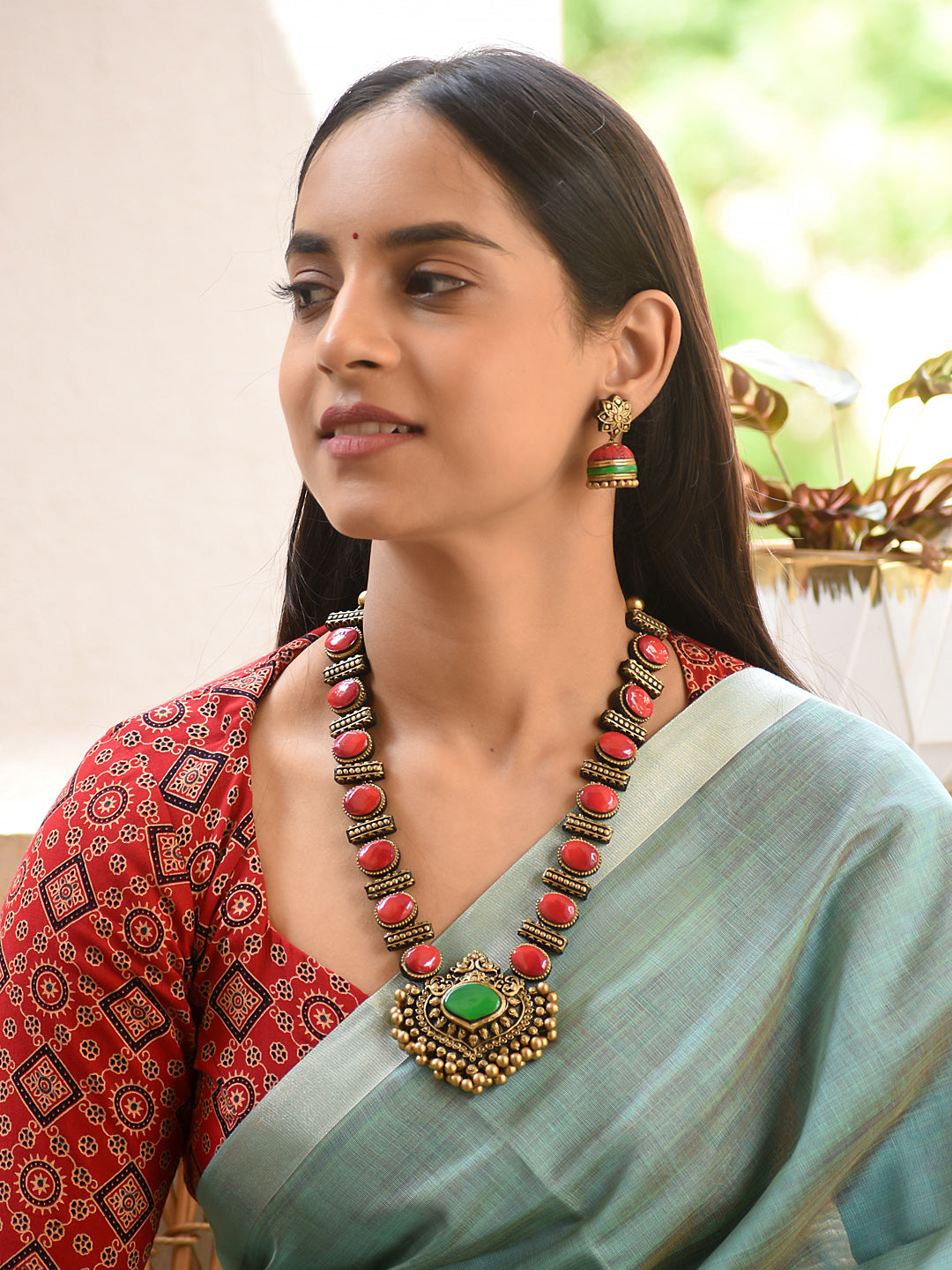 Terracotta Red Stone Necklace with Temple Pendant
