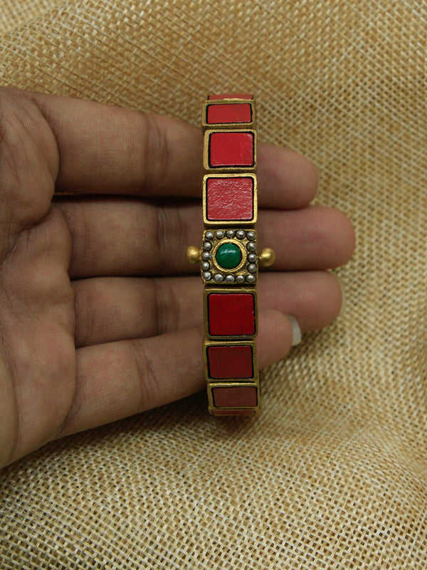 Red Antique Gold Green Square Design Handmade Terracotta Bangle