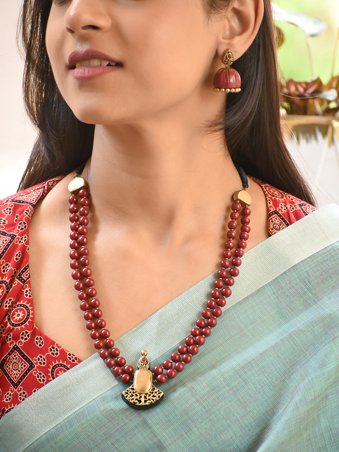 Terracotta Double Strand Bead Necklace with Minimal Pendant