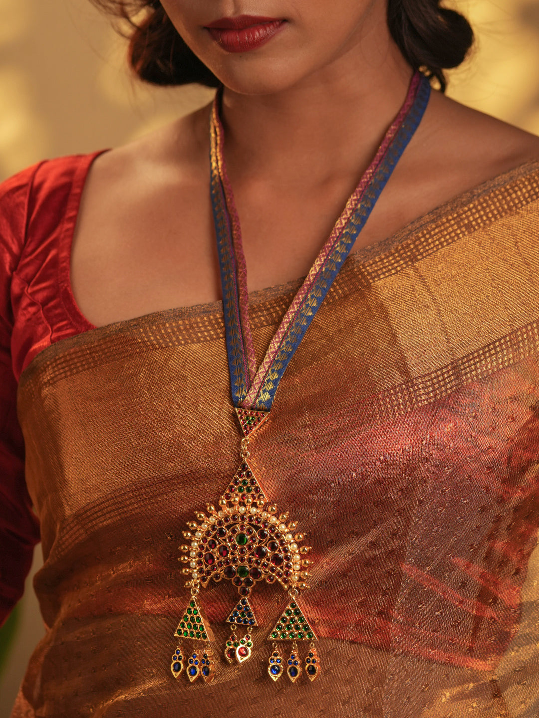Gold Tone Temple Necklace Set- Brocade Surya Blue
