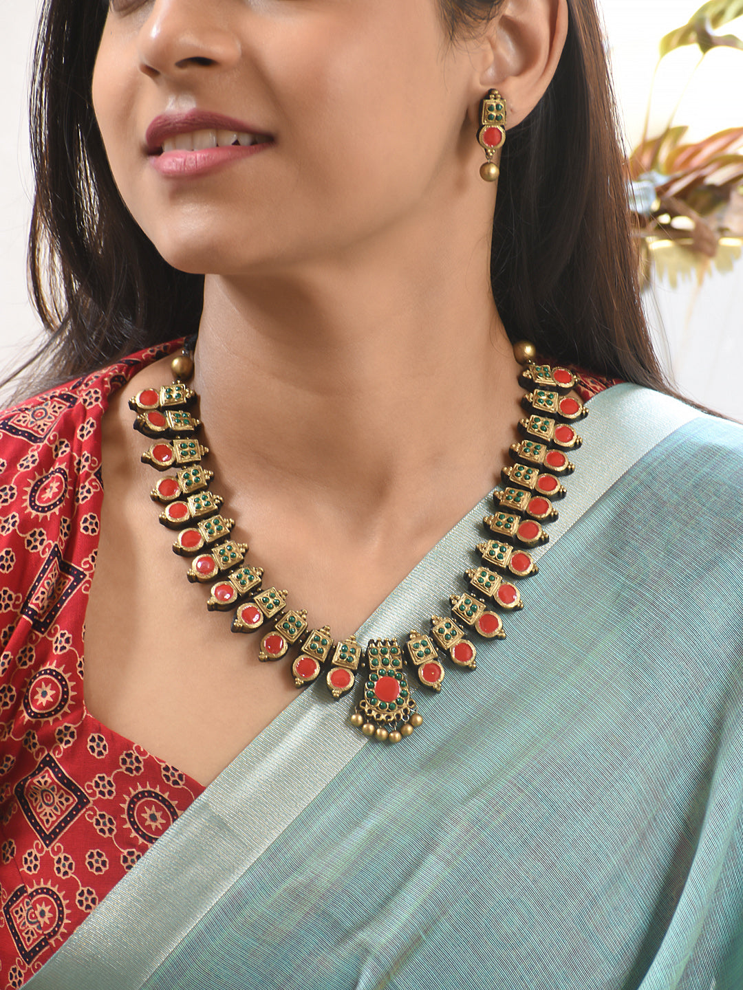 Terracotta Multi-Color Stone Necklace with Repeating Motifs