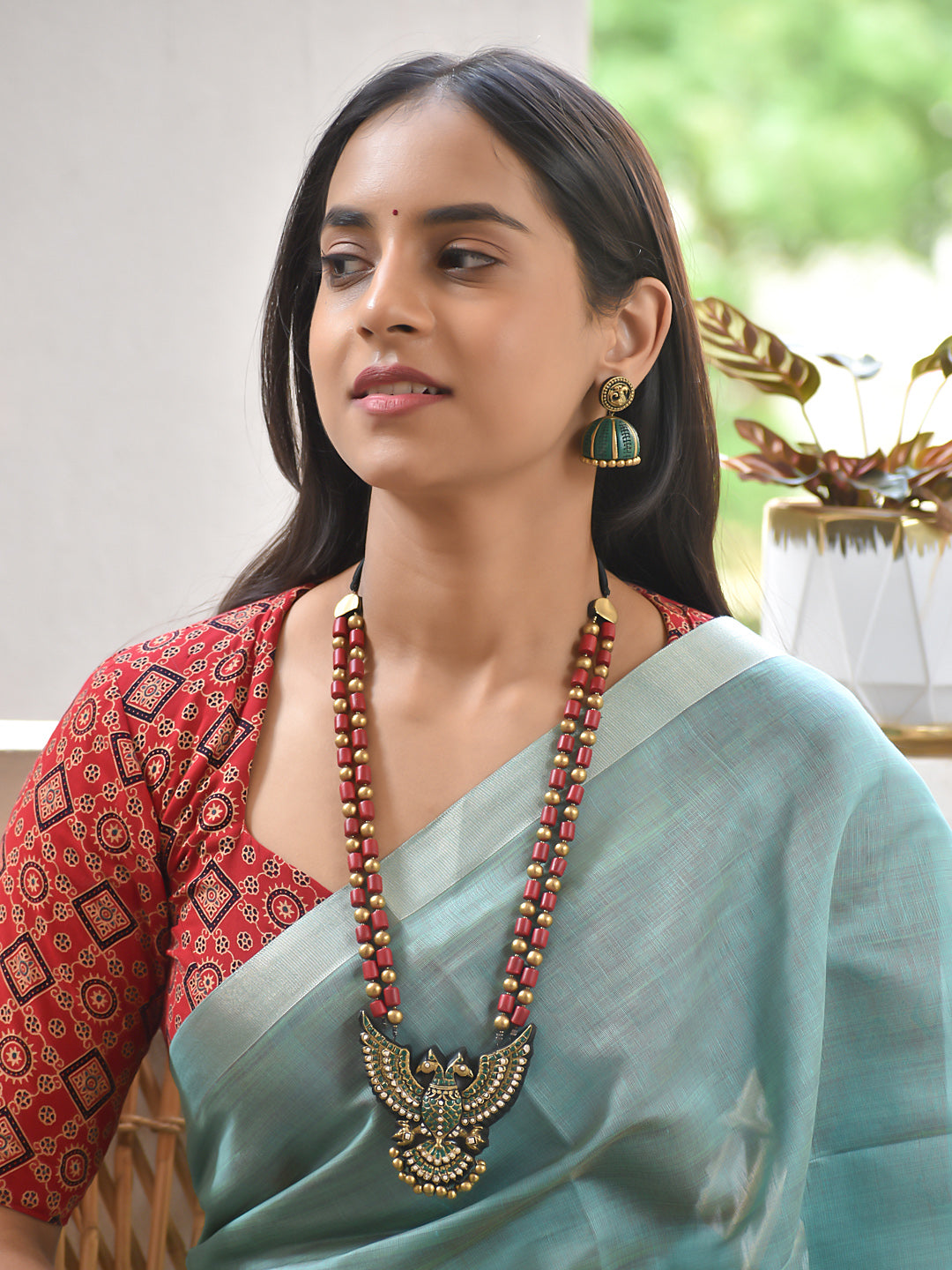 Terracotta Dual-Tone Bead Necklace with Peacock Pendant