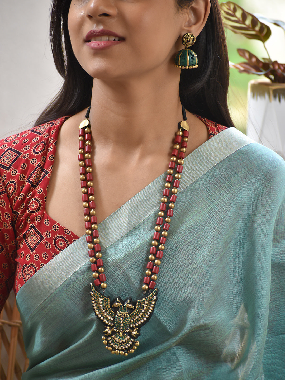 Terracotta Dual-Tone Bead Necklace with Peacock Pendant