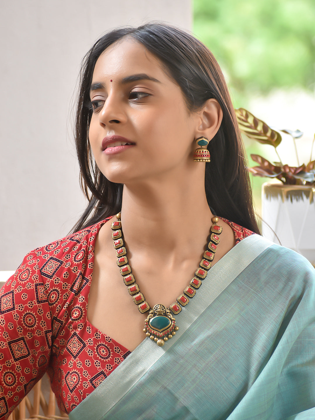 Terracotta Square Stone Necklace with Green Pendant Accent