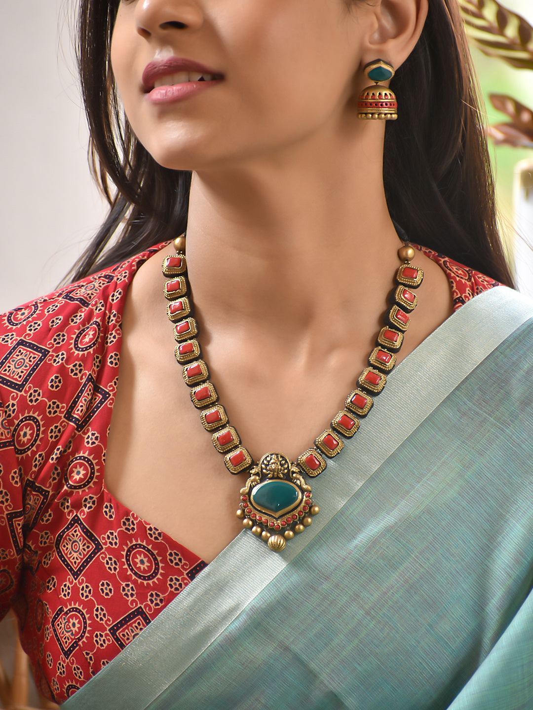 Terracotta Square Stone Necklace with Green Pendant Accent