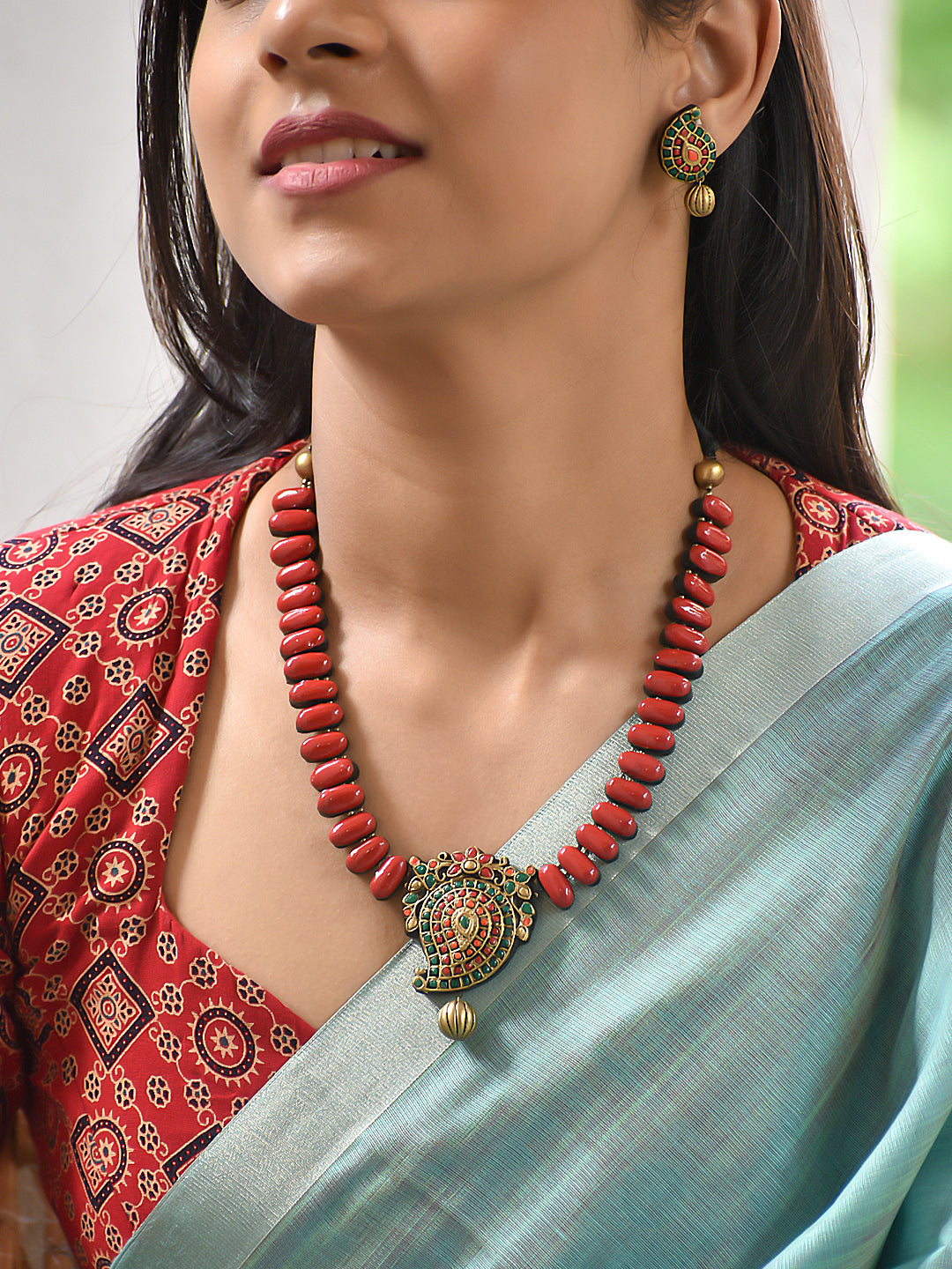 Terracotta Red Bead Necklace with Paisley Pendant