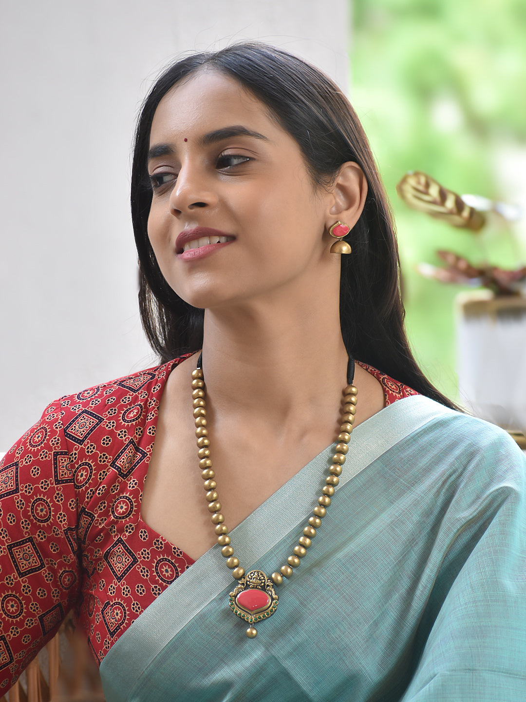Terracotta Gold Bead Necklace with Oval Pendant