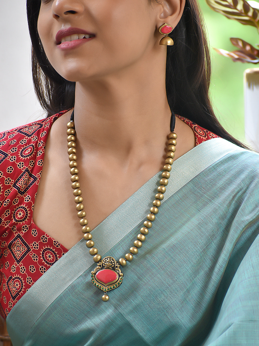 Terracotta Gold Bead Necklace with Oval Pendant