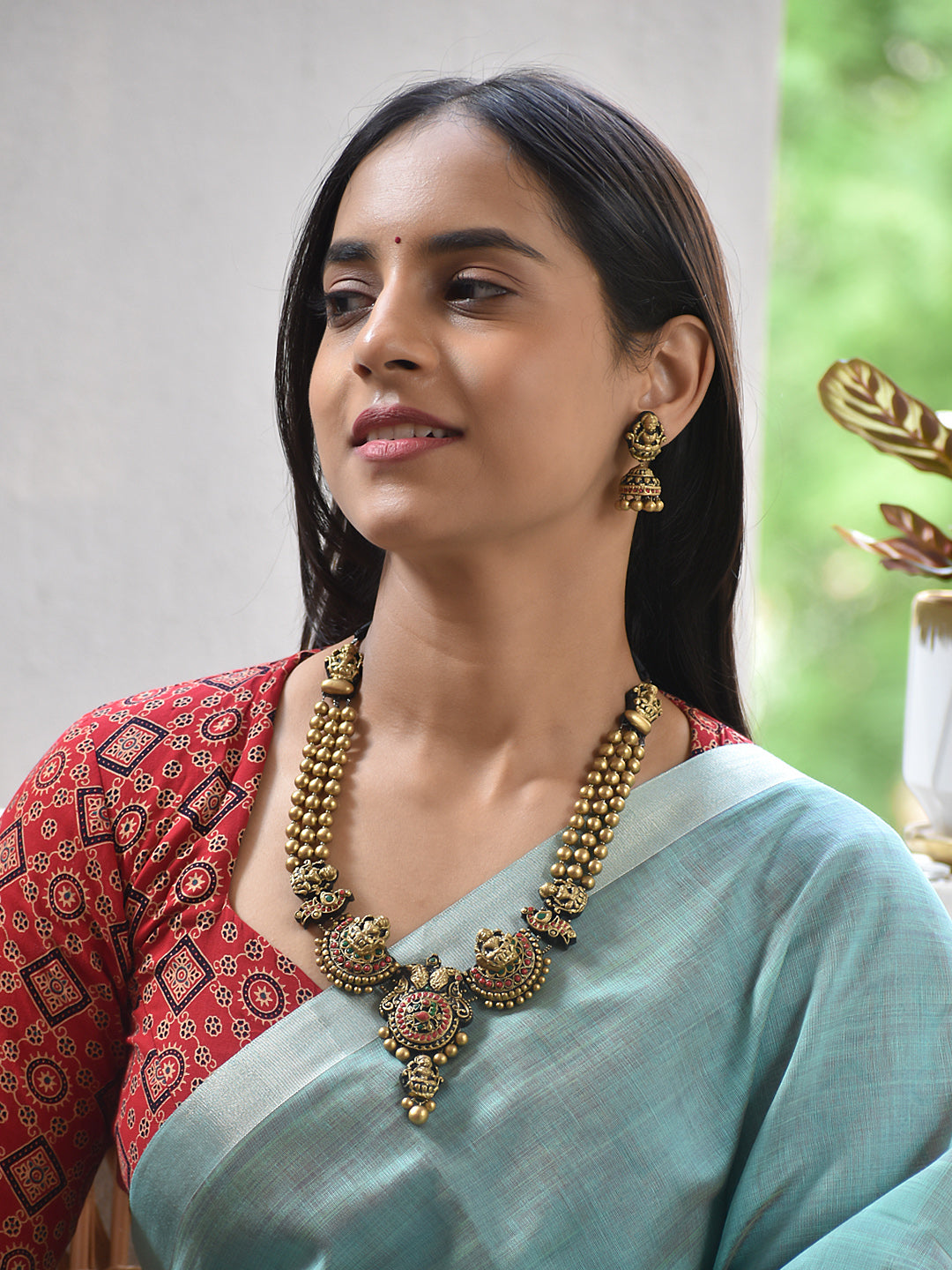 Terracotta Temple Necklace with Layered Beads and Coin Pendant