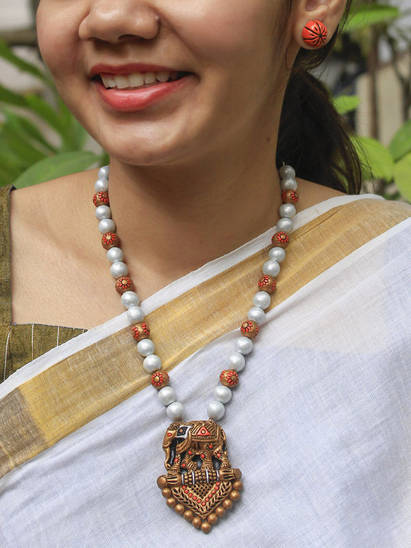 Elephant and Flower Design Gold Orange White Mala Handmade Terracotta Necklace Set