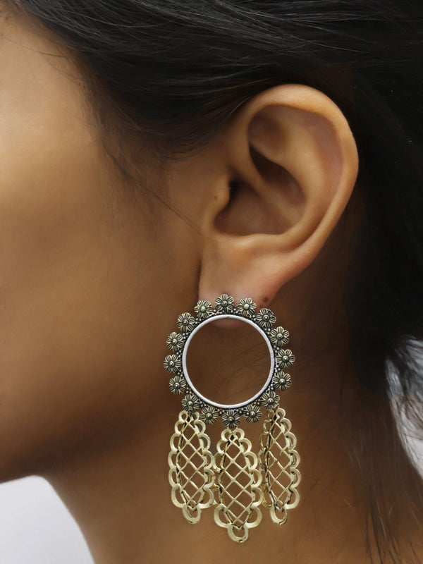 Antique Gold Plated Geometric Design Drop Earring By Panaah