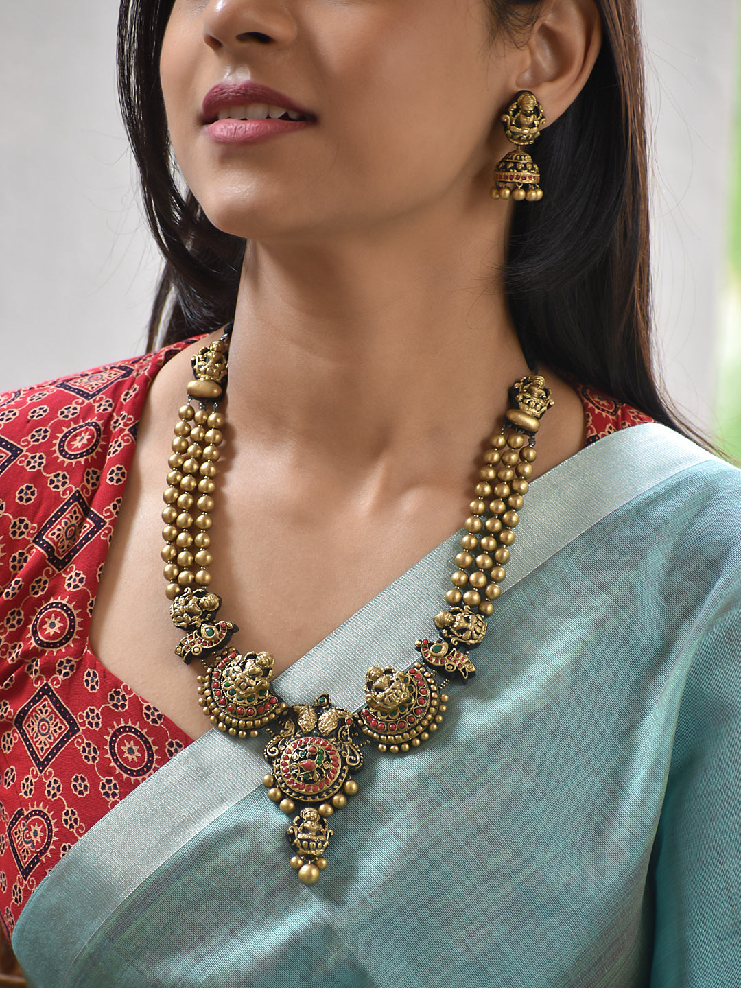 Terracotta Temple Necklace with Layered Beads and Coin Pendant