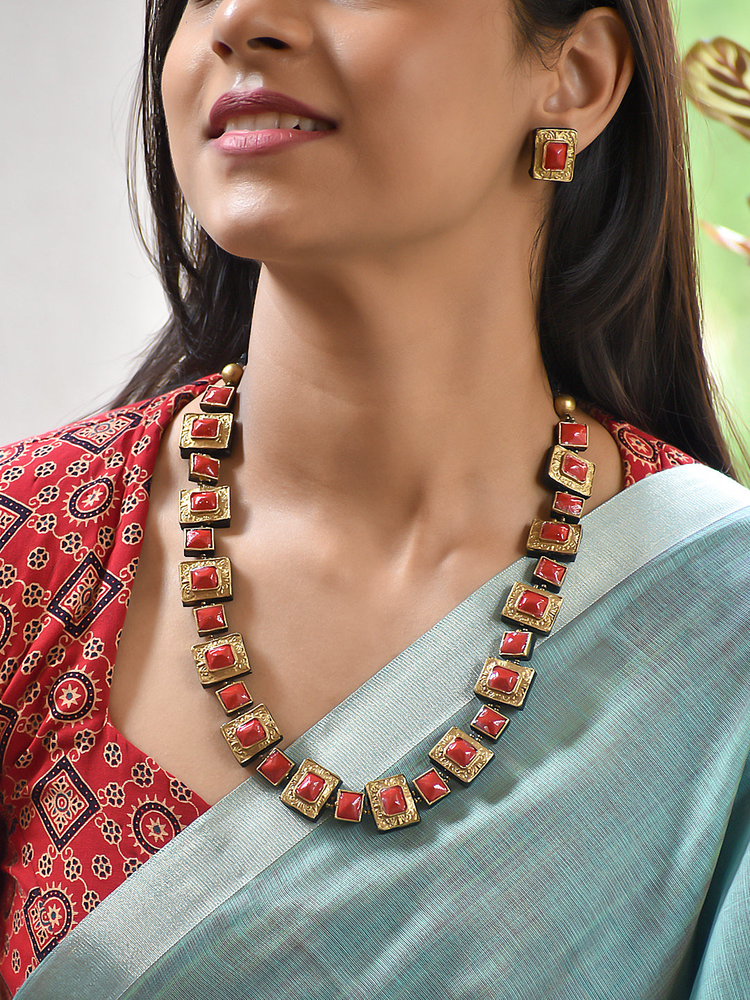 Terracotta Square Red Stone Necklace with Geometric Design
