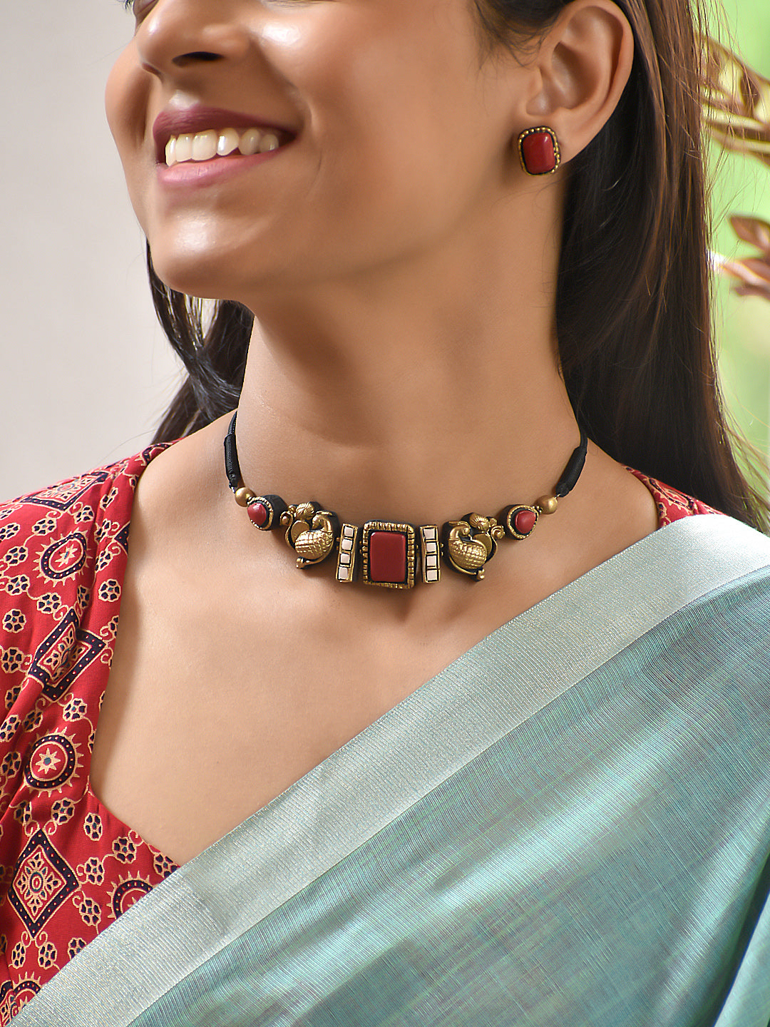 Terracotta Choker Necklace with Peacock Motifs and Red Stones