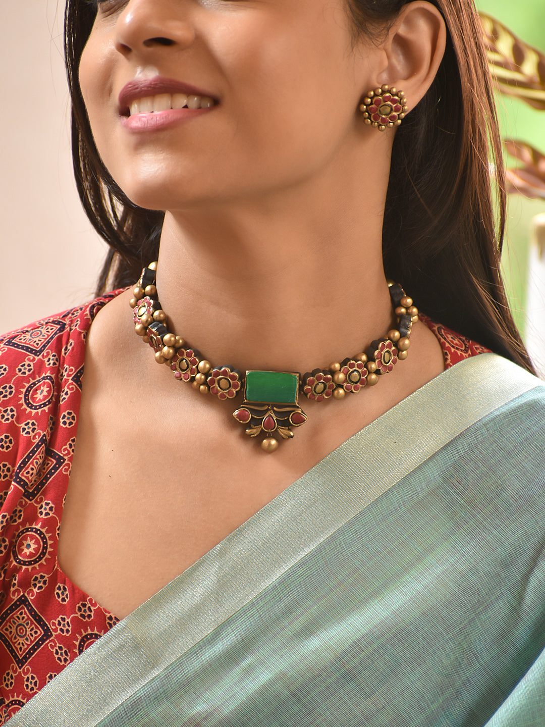 Terracotta Floral Choker with Green Stone Pendant