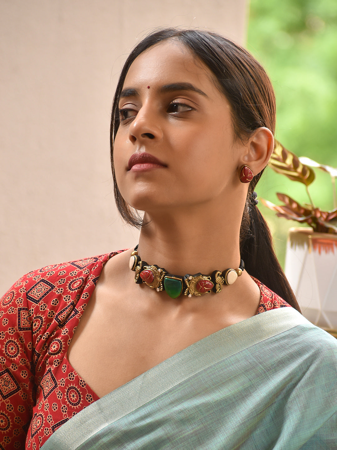 Terracotta Choker with Mixed Stone Motifs and Center Accent