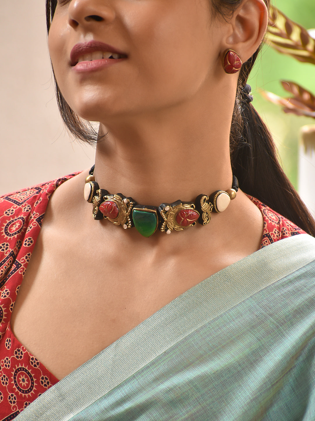 Terracotta Choker with Mixed Stone Motifs and Center Accent