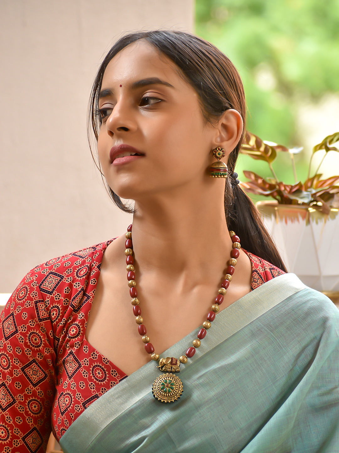 Terracotta Beaded Necklace with Round Pendant Charm