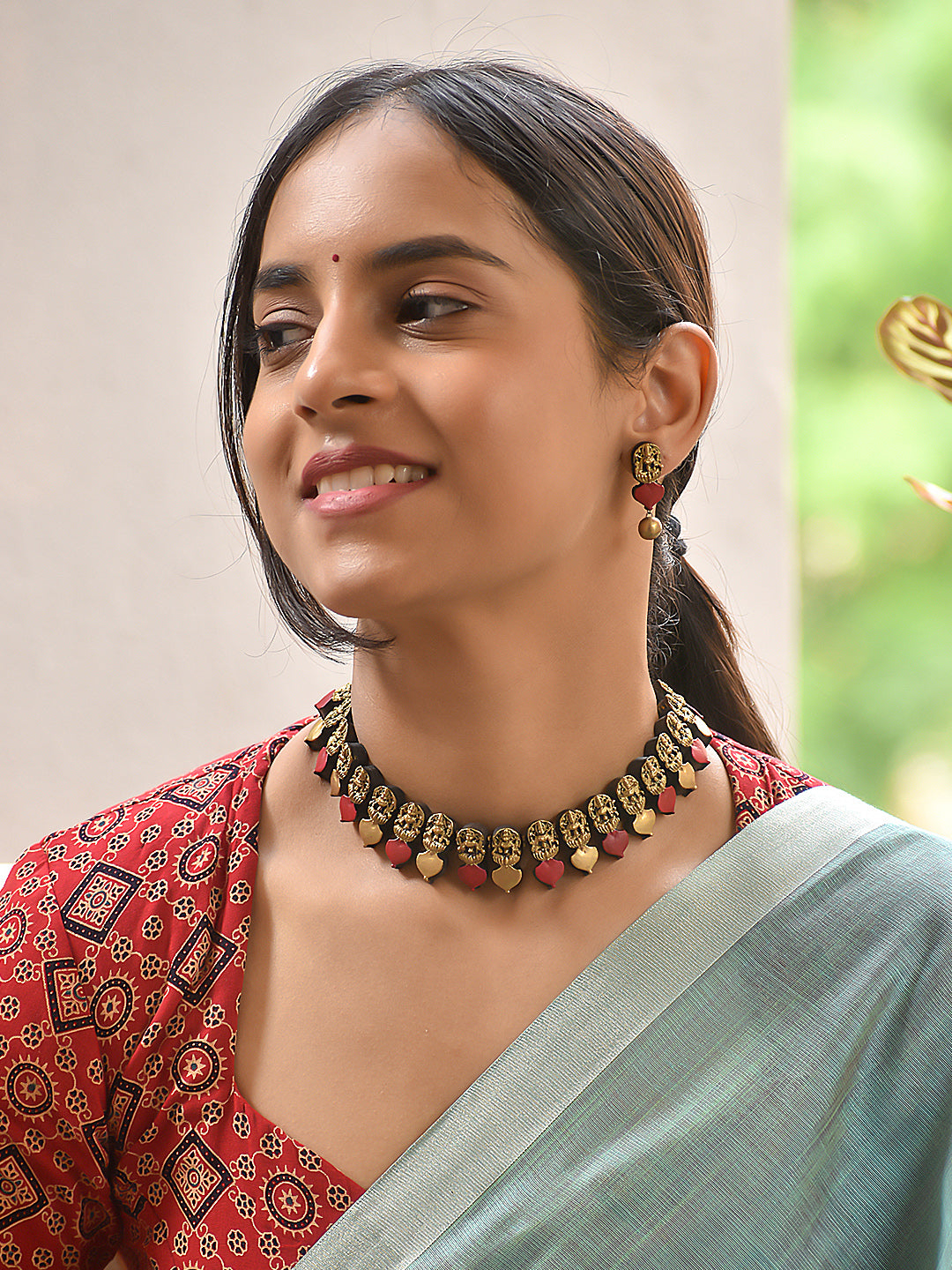 Hridaya — Temple Coin Necklace with Red Heart Drops