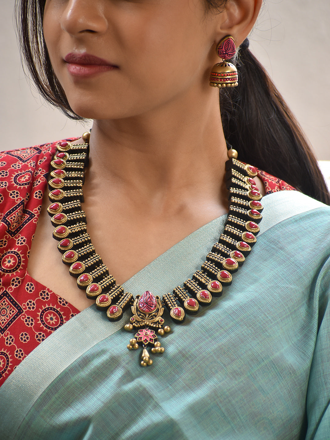 Terracotta Statement Necklace with Red Stone Detailing and Drop Pendant
