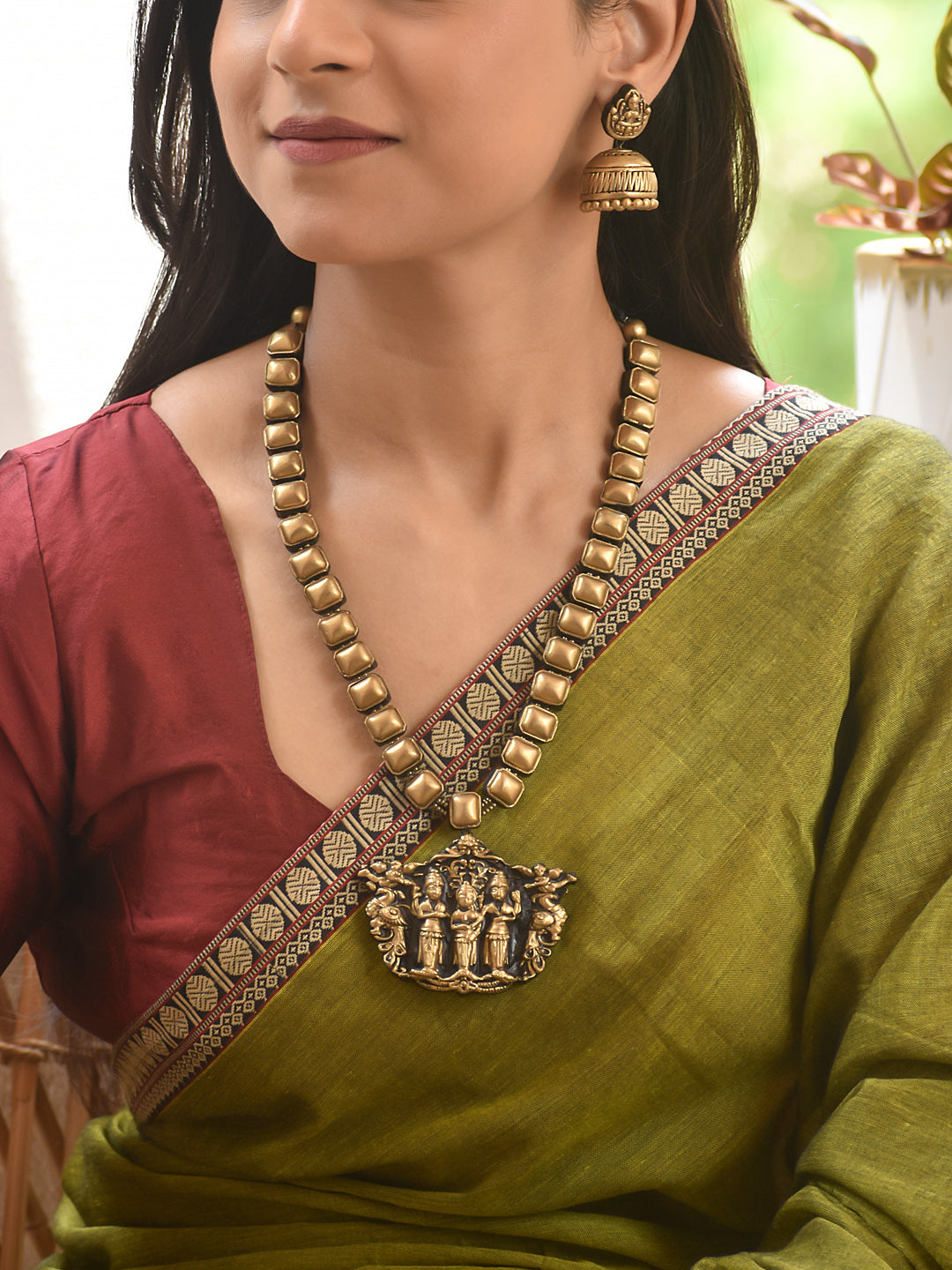 Terracotta Temple Pendant Long Necklace Set