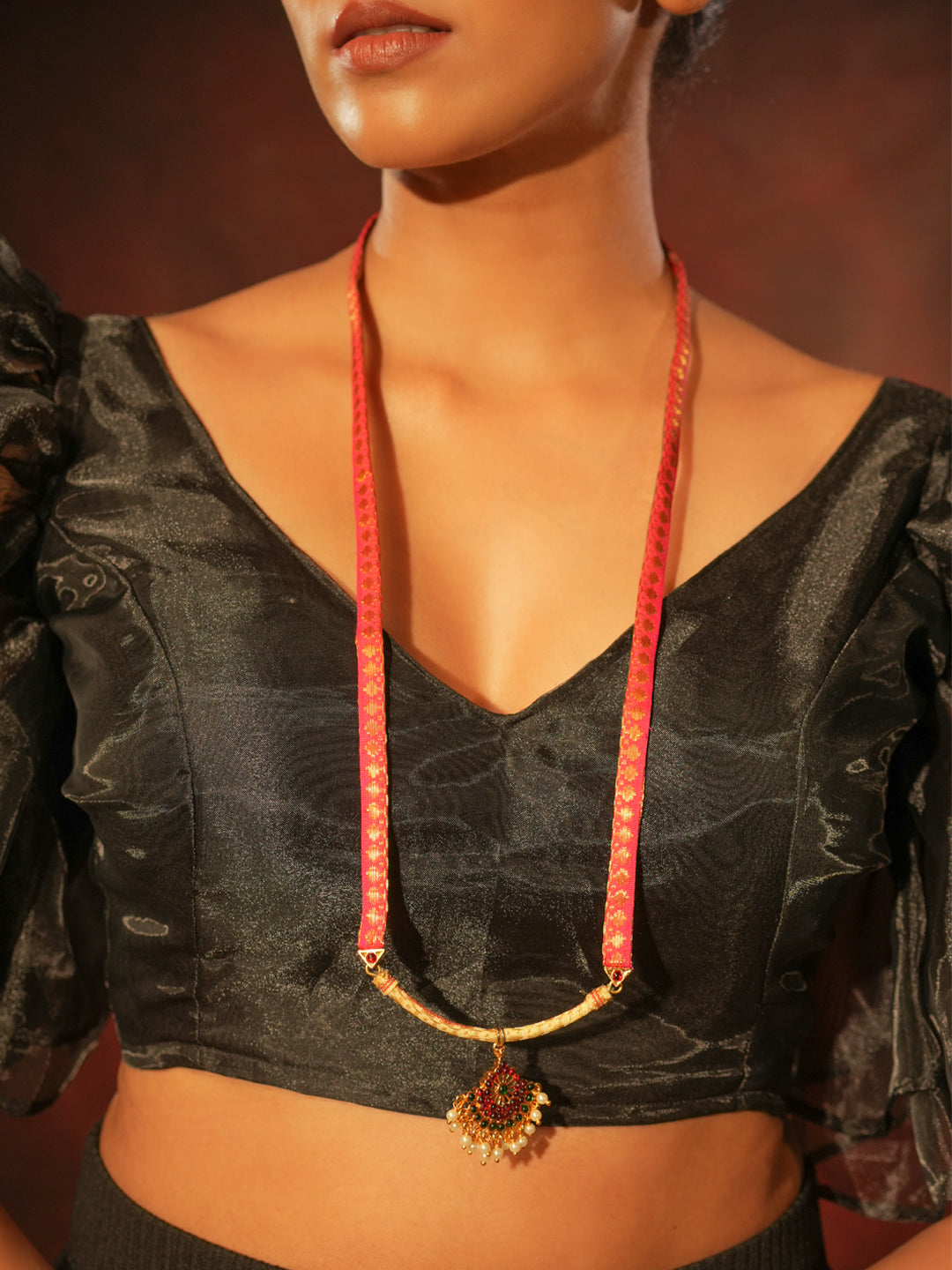 Zaritha — Gold Tone Temple Necklace Zari floral pendant pink Haaram