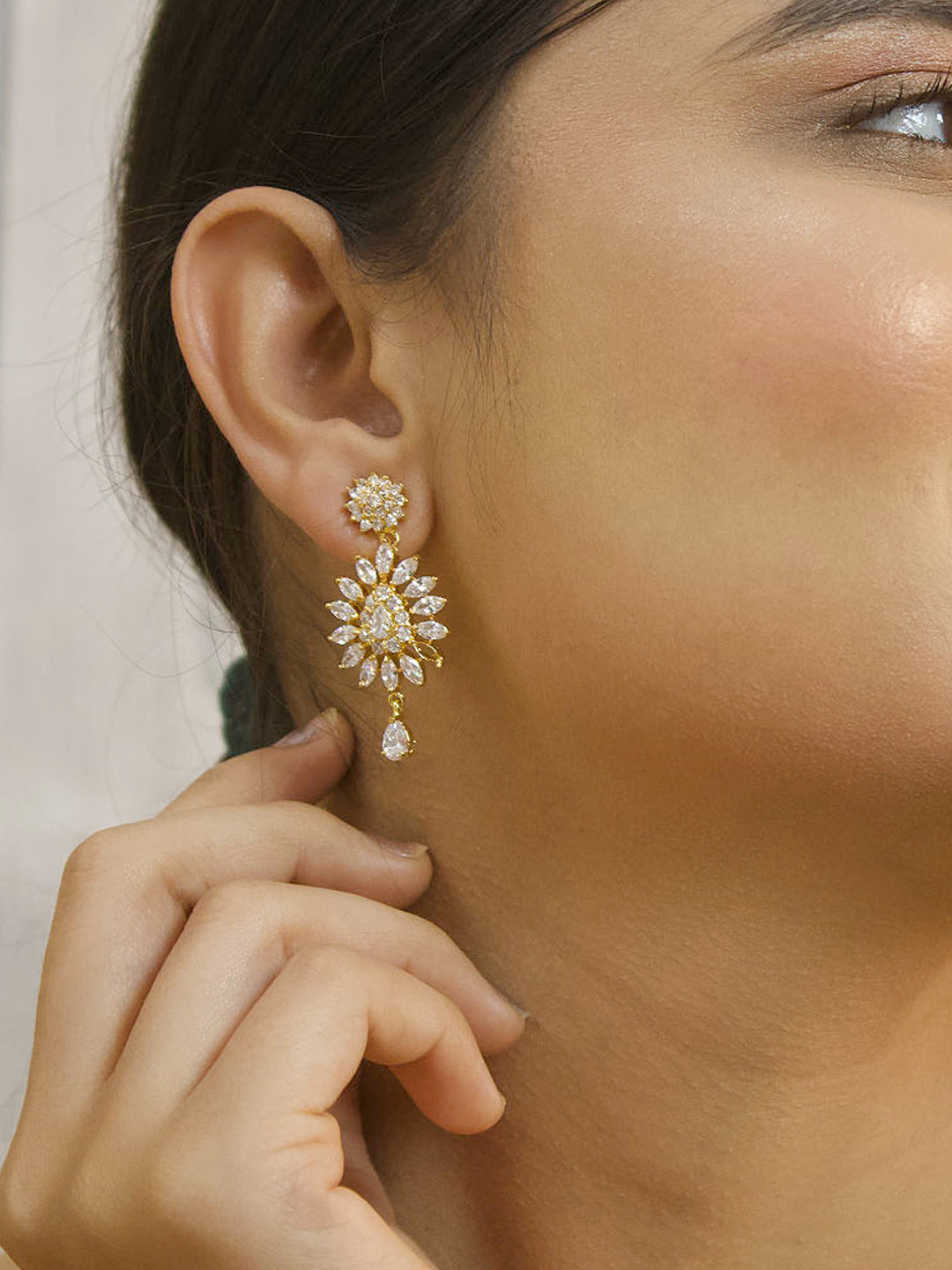 Avismaya Gold Plated Floral Design American Diamond Stone Drop Earring