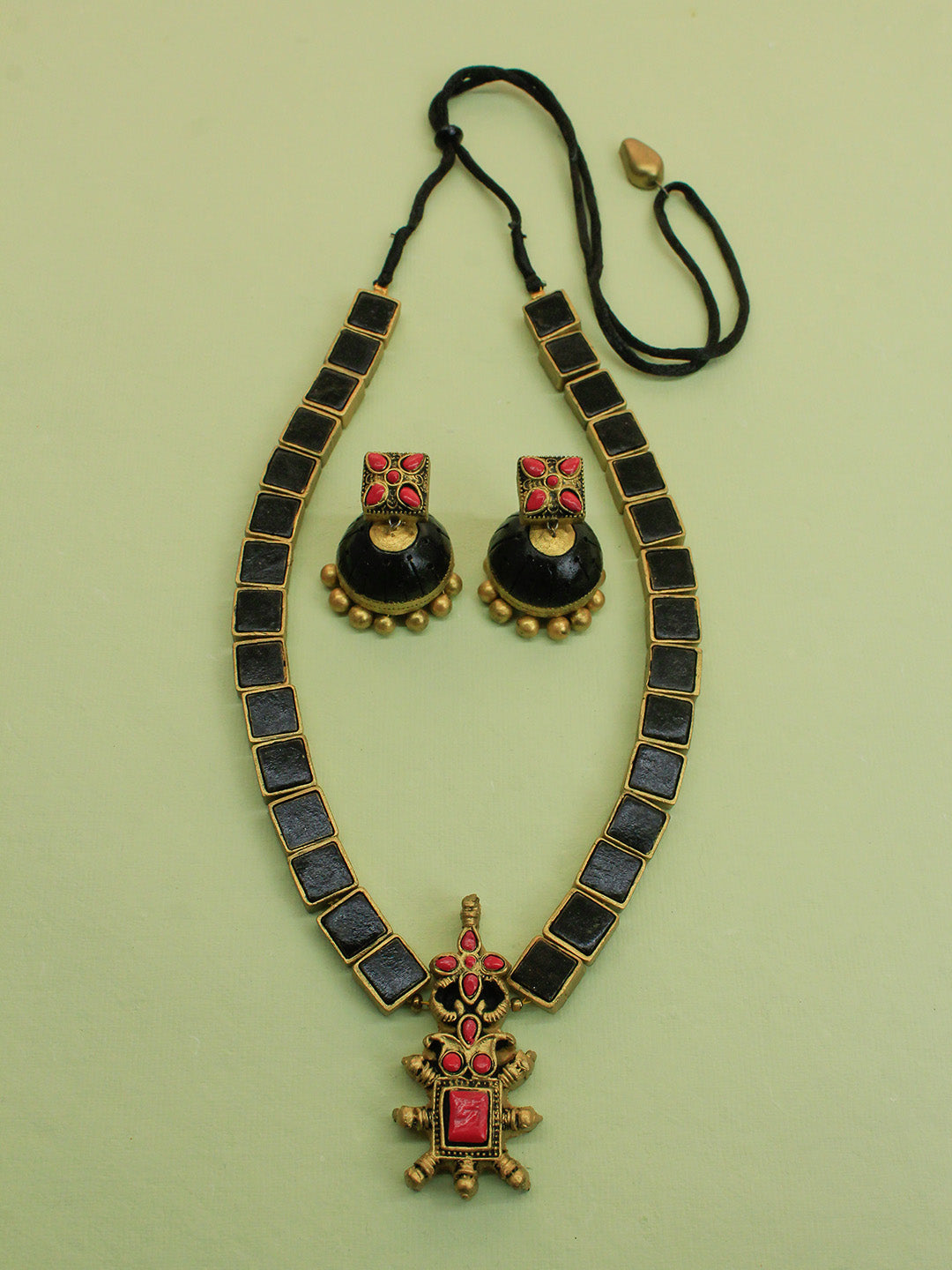 Black Antique Gold  Pink Square Geometric Design Handmade Terracotta Necklace Set