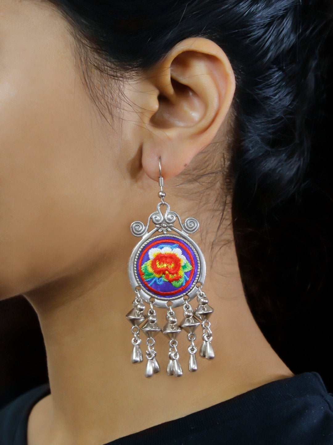 Geometric Design Pink and Green and Blue and White and Orange Drop Crochet Fabric Earring