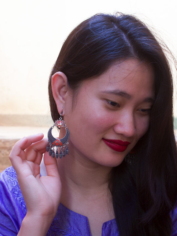 Silver Plated Lotus Design Orange Color Enamel Painted With Hanging Silver Spikes Dangle Earring