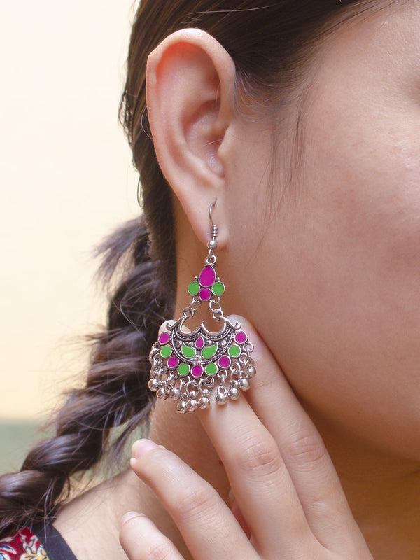 Floral Design Pink and Green Dangler Afghani Earring