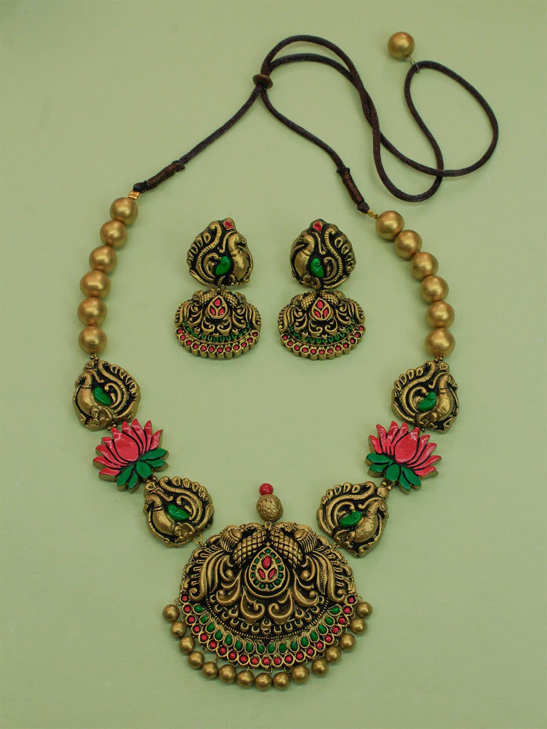 Antique Gold Pink Green Lotus Lakshmi Design Temple Handmade Terracotta Necklace Set