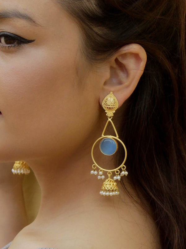 Avismaya Gold Plated Semi-precious Monalisa Light Blue Stone Designer Earrings