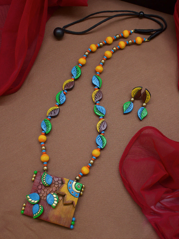 Leaf Design Hand Painted Terracotta Jewelry Set