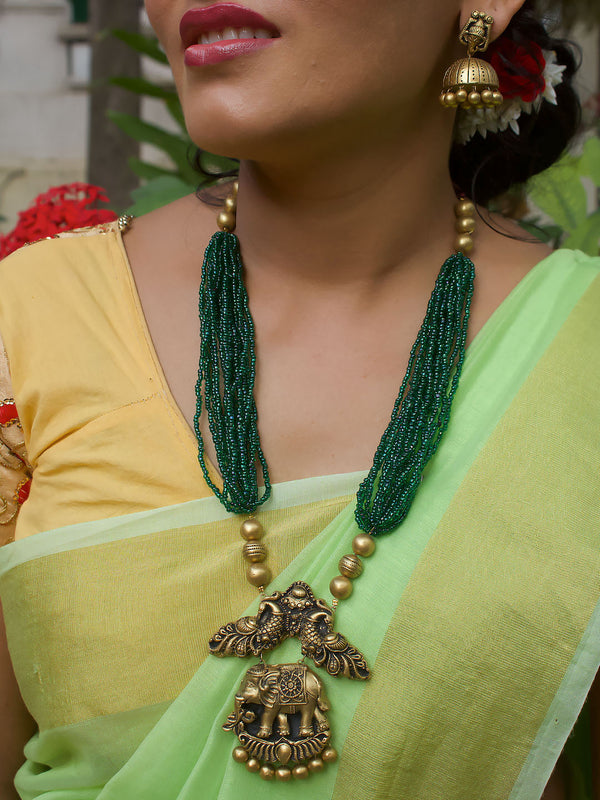 Elephant Peacock Pendant Design Acrylic Green Beads Cluster Handmade Terracotta Necklace Set