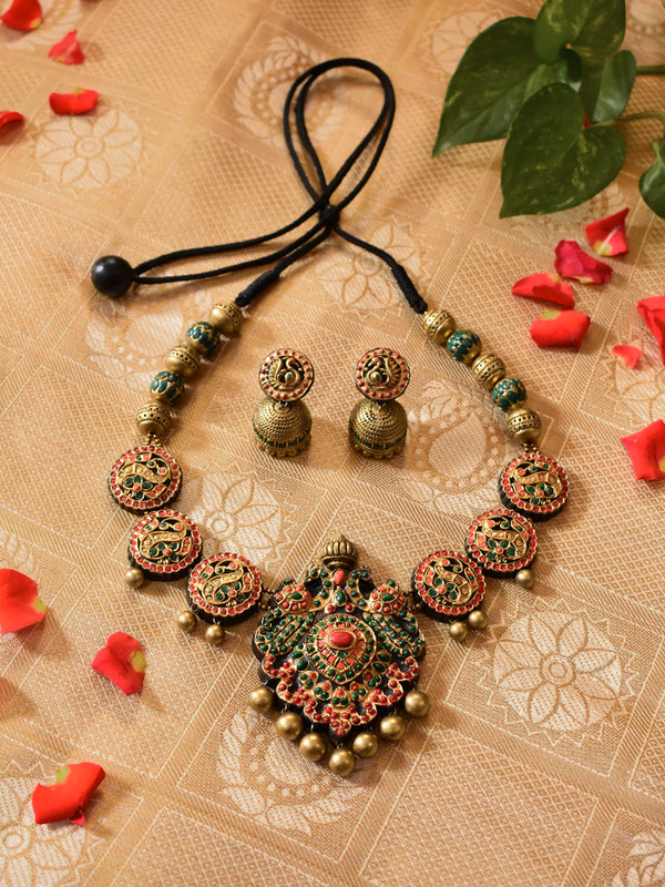 Antique Gold Red Green Orange Peacocks in Circular Disc Rajwadi Style Handmade Terracotta Necklace Set