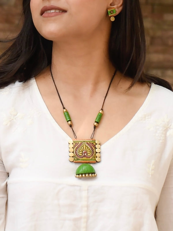 Antique Gold Green Mustard Red Rectangular Jhumka Design Handmade Terracotta Necklace Set