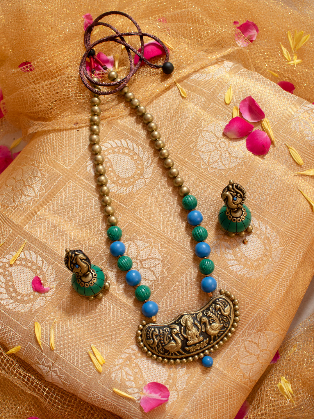 Antique Gold Green Blue Lakshmi Design Mala Handmade Terracotta Necklace Set