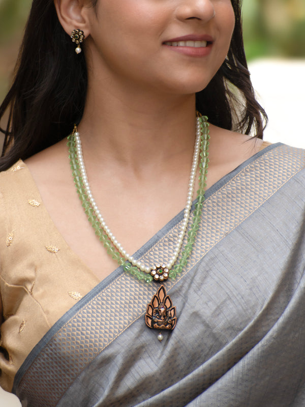 Pastel Shades Green White Gold Ganesha on Leaf Design Handmade Terracotta Necklace Set